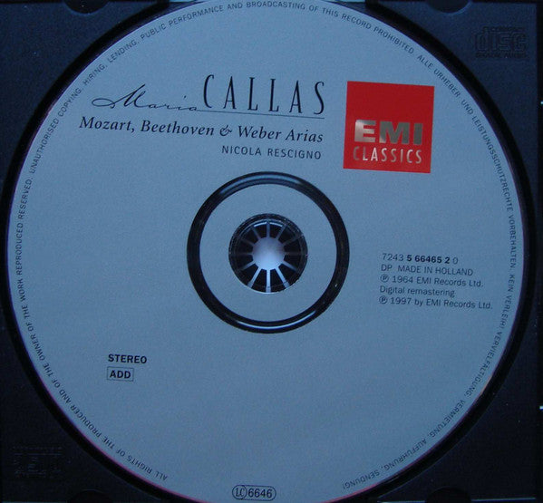 Wolfgang Amadeus Mozart, Ludwig van Beethoven, Carl Maria von Weber / Maria Callas, Orchestre De La Société Des Concerts Du Conservatoire, Nicola Rescigno : Mozart, Beethoven, Weber: Arias = Airs = Arien (CD, Album, RE, RM)