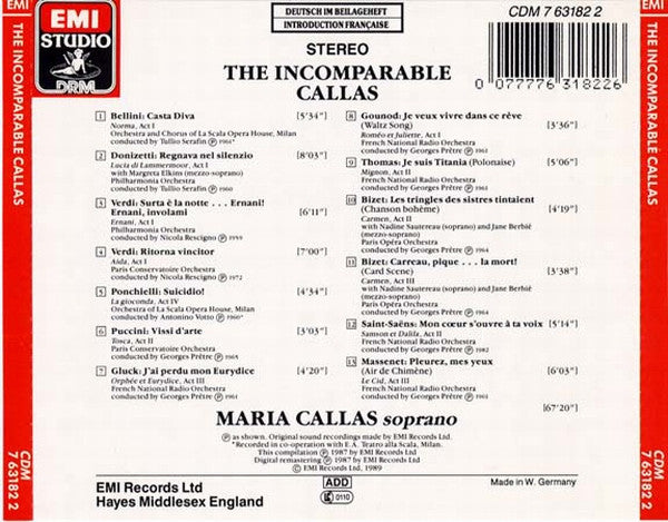 Maria Callas : The Incomparable Callas (Favourite Arias = Arien = Airs) (CD, Comp, RE, RM)