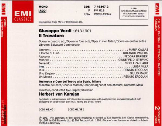 Giuseppe Verdi - Maria Callas, Rolando Panerai, Giuseppe di Stefano, Fedora Barbieri, Nicola Zaccaria, Orchestra Del Teatro Alla Scala E Coro Del Teatro Alla Scala, Herbert von Karajan : Il Trovatore (2xCD, Album, Mono, RE, RM + Box, Sli)