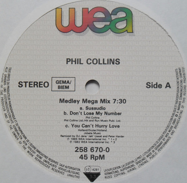 Phil Collins : (Sussudio / Don't Lose My Number / You Can't Hurry Love) / Take Me Home (Extended Version) (12", Ltd)