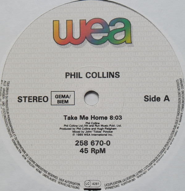 Phil Collins : (Sussudio / Don't Lose My Number / You Can't Hurry Love) / Take Me Home (Extended Version) (12", Ltd)
