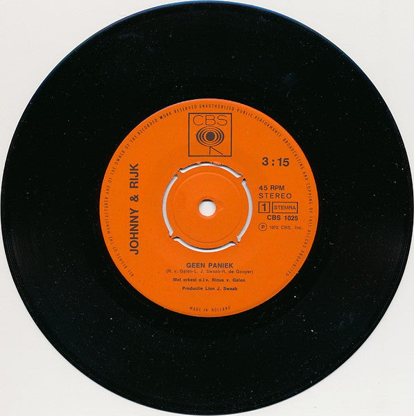Johnny & Rijk : Geen Paniek (7", Single)