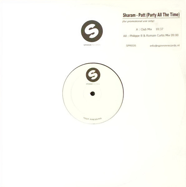 Sharam (2) : PATT (Party All The Time) (12", Promo, TP)