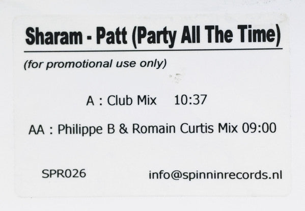 Sharam (2) : PATT (Party All The Time) (12", Promo, TP)