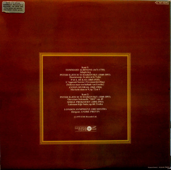 Tomaso Albinoni  /  Paul Dukas  /  Antonín Dvořák  /  Pyotr Ilyich Tchaikovsky  /  Sergei Prokofiev, André Previn, London Symphony Orchestra : Adagio / Doornroosje / L'Apprenci Sorcier / Slavische Dans / Ouverture Solennelle "1812" / Luitenant Kijé Suite (LP, Comp, Gat)