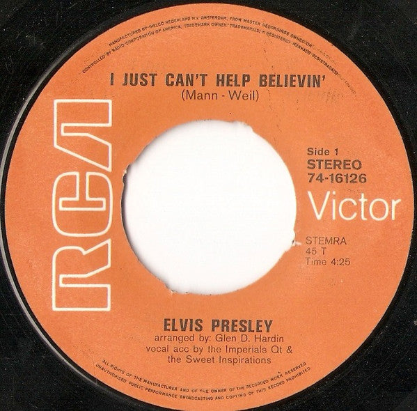 Elvis Presley : I Just Can't Help Believin' (7", Single)