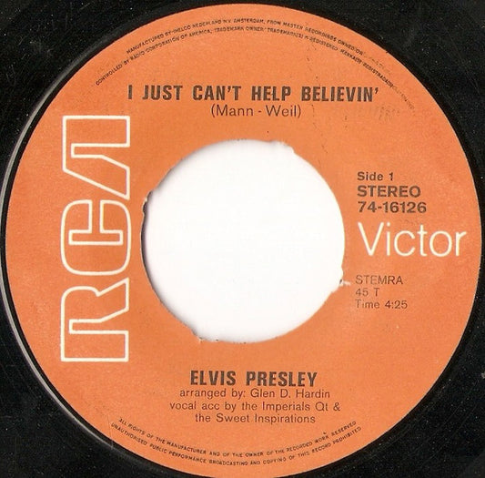 Elvis Presley : I Just Can't Help Believin' (7", Single)