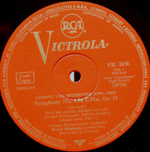 Ludwig van Beethoven, Wiener Philharmoniker, Pierre Monteux : Symphony No.3 In E Flat ("Eroica") (LP, Album, Mono)