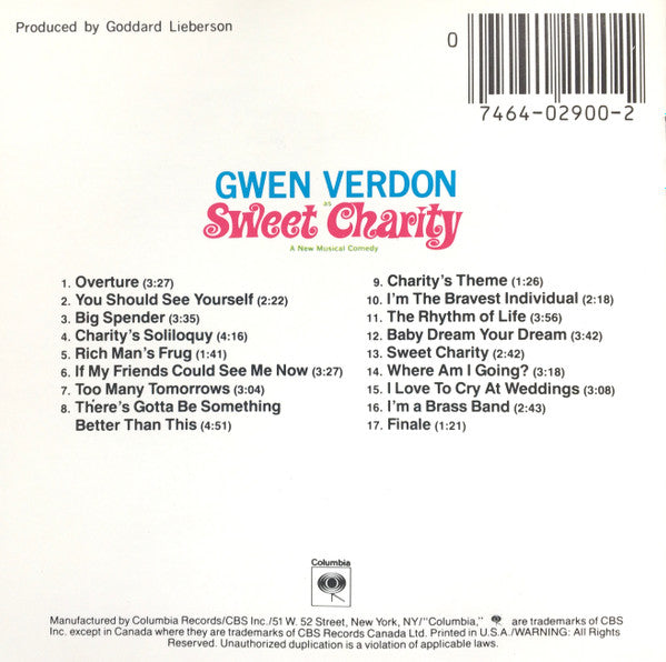 "Sweet Charity" Original Broadway Cast, Cy Coleman, Dorothy Fields, Gwen Verdon : Sweet Charity (A New Musical Comedy) (CD, Album, RE)