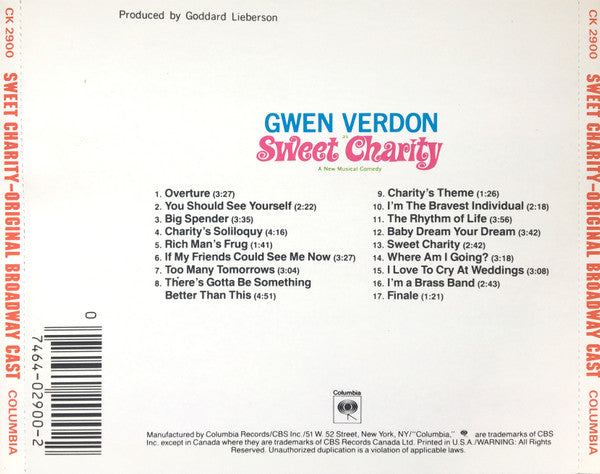 "Sweet Charity" Original Broadway Cast, Cy Coleman, Dorothy Fields, Gwen Verdon : Sweet Charity (A New Musical Comedy) (CD, Album, RE)