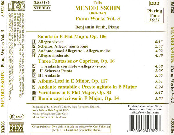 Felix Mendelssohn-Bartholdy, Benjamin Frith : Piano Works Vol. 3 (CD, Album)