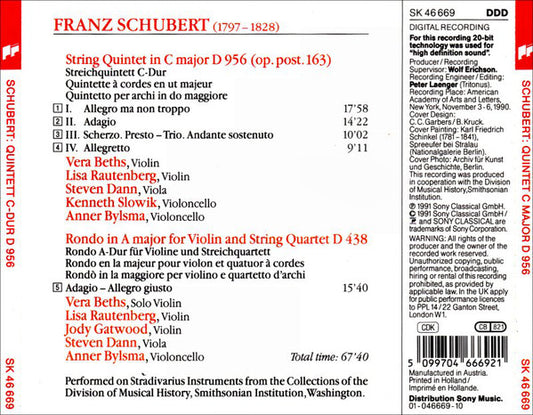 Franz Schubert - Vera Beths ∙ Lisa Rautenberg ∙ Jody Gatwood ∙ Steven Dann ∙ Kenneth Slowik ∙ Anner Bylsma : Quintet In C, D 956 • Rondo In A, D 438 (CD, Album)