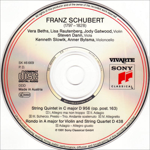 Franz Schubert - Vera Beths ∙ Lisa Rautenberg ∙ Jody Gatwood ∙ Steven Dann ∙ Kenneth Slowik ∙ Anner Bylsma : Quintet In C, D 956 • Rondo In A, D 438 (CD, Album)