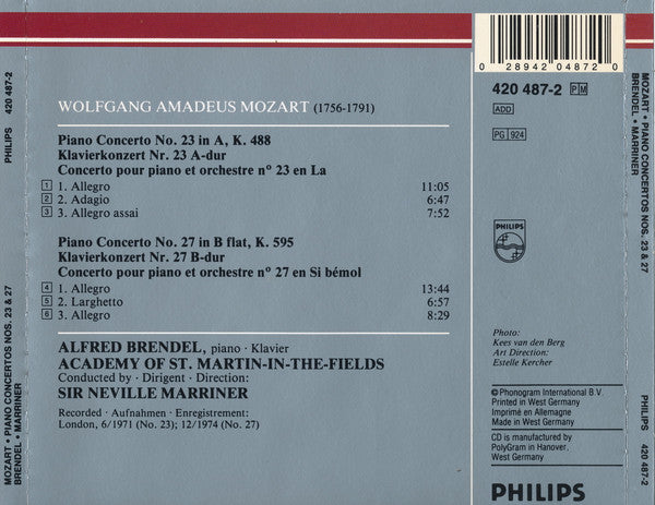 Wolfgang Amadeus Mozart, Alfred Brendel, The Academy Of St. Martin-in-the-Fields, Sir Neville Marriner : Piano Concertos ･ Klavierkonzerte No. 23 KV 488 & No. 27 KV 595 (CD, Album, RM)