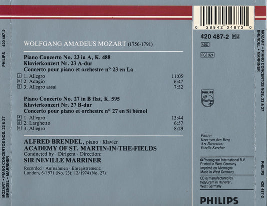 Wolfgang Amadeus Mozart, Alfred Brendel, The Academy Of St. Martin-in-the-Fields, Sir Neville Marriner : Piano Concertos ･ Klavierkonzerte No. 23 KV 488 & No. 27 KV 595 (CD, Album, RM)