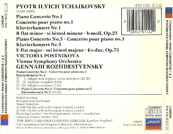 Pyotr Ilyich Tchaikovsky, Victoria Postnikova, Wiener Symphoniker, Gennadi Rozhdestvensky : Piano Concertos Nos. 1 & 3 (CD, Album, RP)