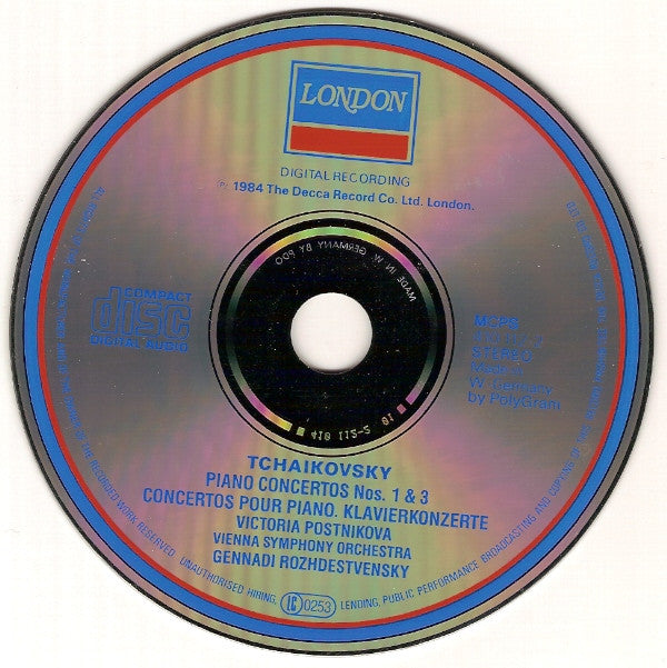 Pyotr Ilyich Tchaikovsky, Victoria Postnikova, Wiener Symphoniker, Gennadi Rozhdestvensky : Piano Concertos Nos. 1 & 3 (CD, Album, RP)