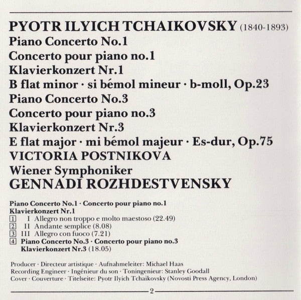 Pyotr Ilyich Tchaikovsky, Victoria Postnikova, Wiener Symphoniker, Gennadi Rozhdestvensky : Piano Concertos Nos. 1 & 3 (CD, Album, RP)