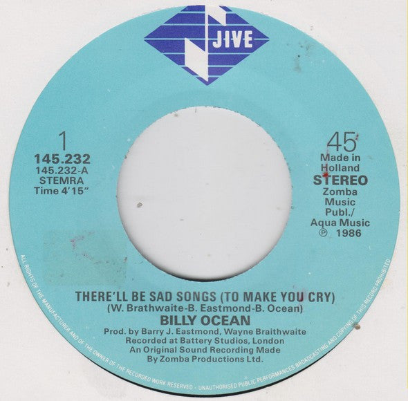 Billy Ocean : There'll Be Sad Songs (To Make You Cry) (7", Single)