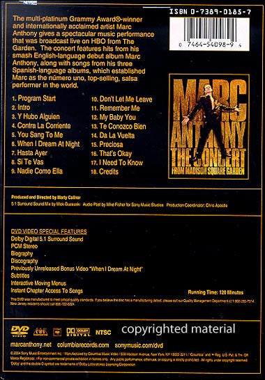 Marc Anthony : The Concert From Madison Square Garden (DVD-V, NTSC, Dol)