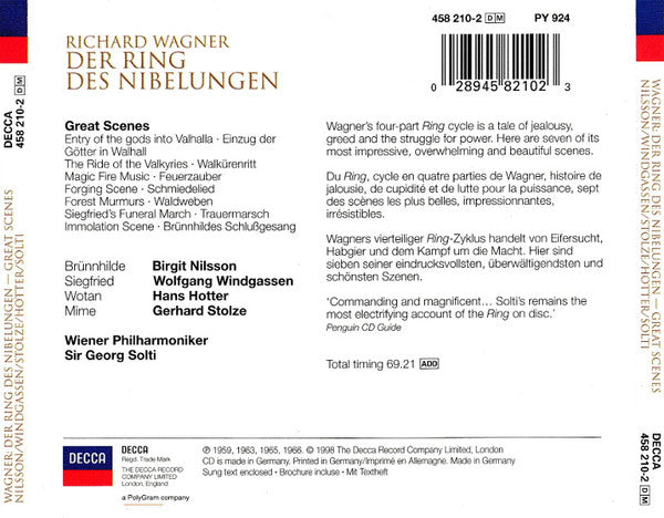 Richard Wagner - Birgit Nilsson, Wolfgang Windgassen, Gerhard Stolze, Hans Hotter, Wiener Philharmoniker, Georg Solti : Der Ring Des Nibelungen - Great Scenes (CD, Comp, RE)