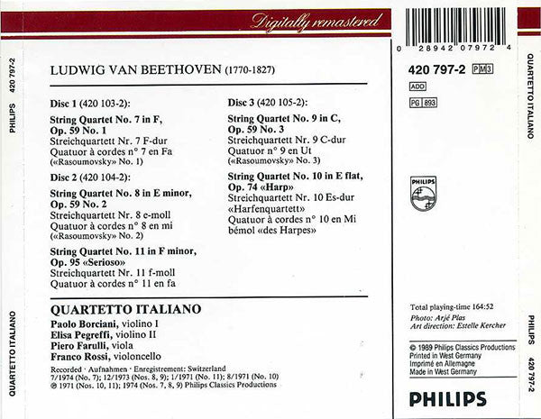 Ludwig van Beethoven, Quartetto Italiano : The Middle String Quartets = Die Mittleren Streichquartette = Quatuors À Cordes Op. 59, 74 & 95 (3xCD, Comp, RE, RM)
