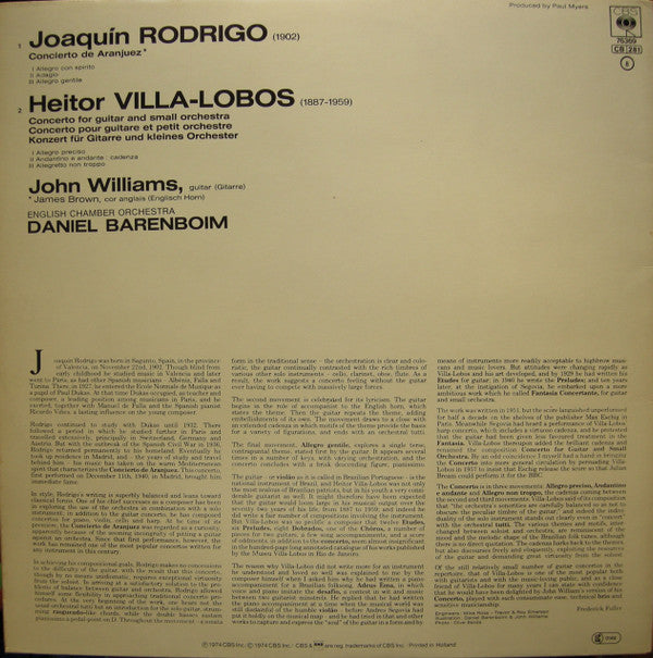 Joaquín Rodrigo / Heitor Villa-Lobos - John Williams (7), Daniel Barenboim, English Chamber Orchestra : Concierto De Aranjuez / Concerto For Guitar (LP, RE, Gat)