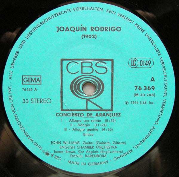 Joaquín Rodrigo / Heitor Villa-Lobos - John Williams (7), Daniel Barenboim, English Chamber Orchestra : Concierto De Aranjuez / Concerto For Guitar (LP, RE, Gat)