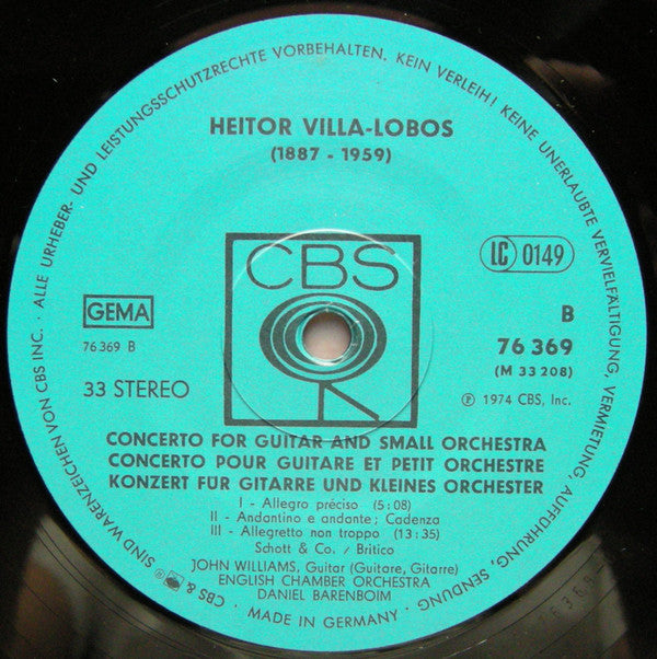 Joaquín Rodrigo / Heitor Villa-Lobos - John Williams (7), Daniel Barenboim, English Chamber Orchestra : Concierto De Aranjuez / Concerto For Guitar (LP, RE, Gat)