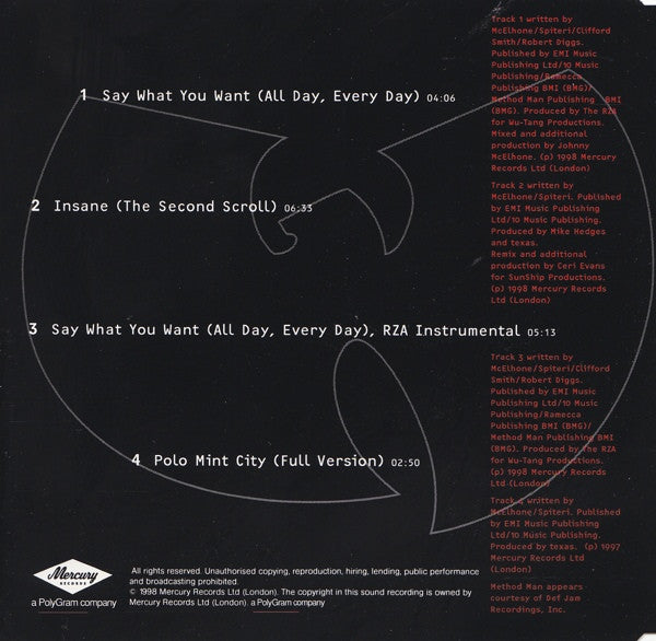 Texas Featuring The Wu-Tang Clan : Say What You Want (All Day, Every Day) (CD, Maxi)