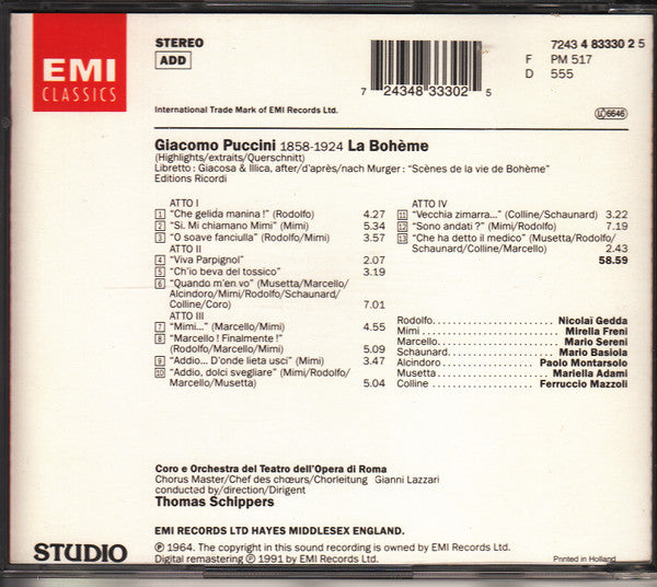 Giacomo Puccini - Mirella Freni, Nicolai Gedda, Orchestra Del Teatro Dell'Opera Di Roma E Coro Del Teatro Dell'Opera Di Roma, Thomas Schippers : Puccini - La Bohème Highlights/Extraits/Querschnitt (CD, Comp, RE, RM)