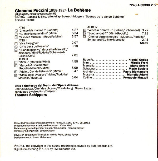 Giacomo Puccini - Mirella Freni, Nicolai Gedda, Orchestra Del Teatro Dell'Opera Di Roma E Coro Del Teatro Dell'Opera Di Roma, Thomas Schippers : Puccini - La Bohème Highlights/Extraits/Querschnitt (CD, Comp, RE, RM)