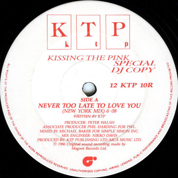 Kissing The Pink : Never Too Late To Love You (12", Promo)