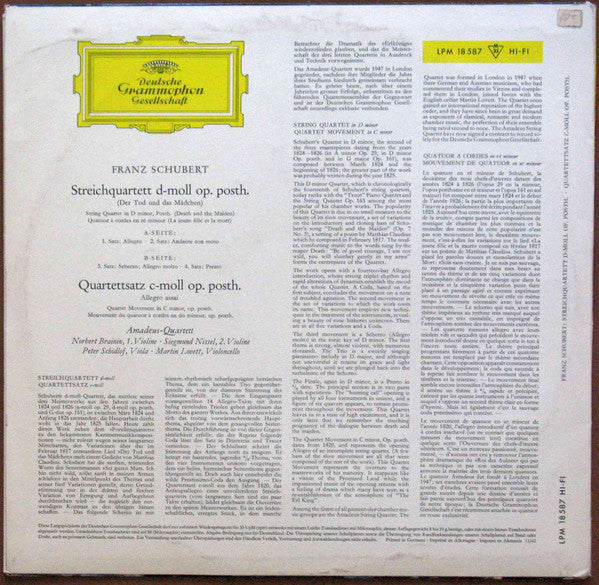 Franz Schubert / Amadeus-Quartett : String Quartet D Minor Op.Posth. / Quartet Movement C Minor Op.Posth. (LP, Mono)