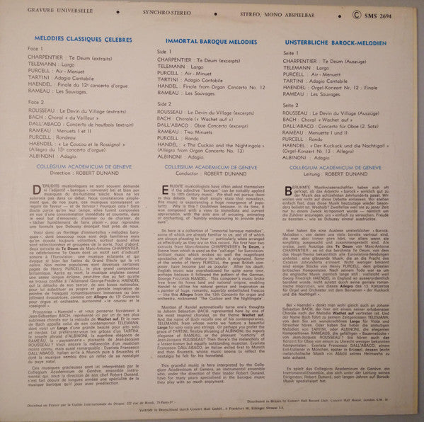 Collegium Academicum De Genève, Robert Dunand : Immortal Baroque Melodies (LP)