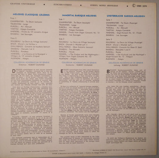 Collegium Academicum De Genève, Robert Dunand : Immortal Baroque Melodies (LP)