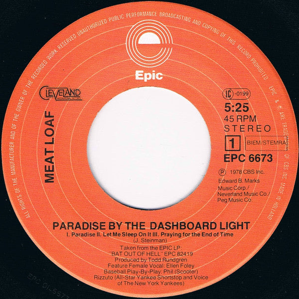 Meat Loaf : Paradise By The Dashboard Light (7", Single)