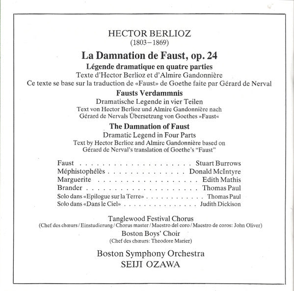Hector Berlioz, Stuart Burrows, Donald McIntyre, Edith Mathis, Tanglewood Festival Chorus, Boston Symphony Orchestra, Seiji Ozawa : La Damnation De Faust (2xCD, Album, RE, RM)