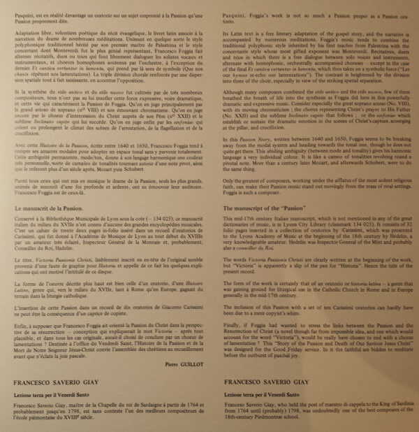 Francesco Foggia, Ensemble Vocal Et Instrumental De Lyon, Guy Cornut : La Passion de Notre-Seigneur Jésus-Christ (LP)