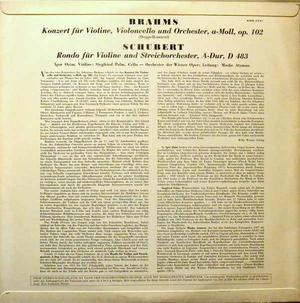 Johannes Brahms / Franz Schubert - Igor Ozim, Siegfried Palm, Orchester Der Wiener Staatsoper, Moshe Atzmon : Konzert Für Violine, Violoncello Und Orchester, Op. 102 (Doppelkonzert) / Rondo A Dur, D.483 (LP)
