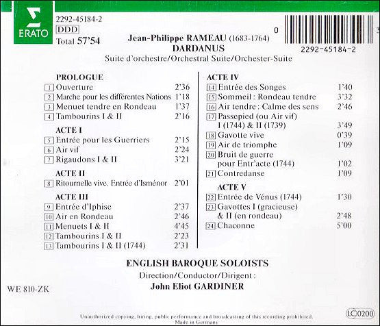 Jean-Philippe Rameau - The English Baroque Soloists, John Eliot Gardiner : Dardanus (Suite D'Orchestre) (CD, RE)