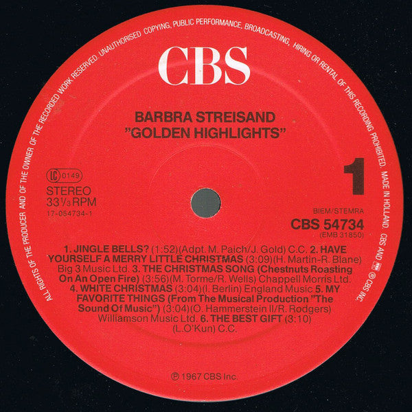 Barbra Streisand : Golden Highlights - Christmas Album (LP, Album, RE)