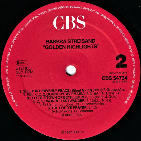 Barbra Streisand : Golden Highlights - Christmas Album (LP, Album, RE)