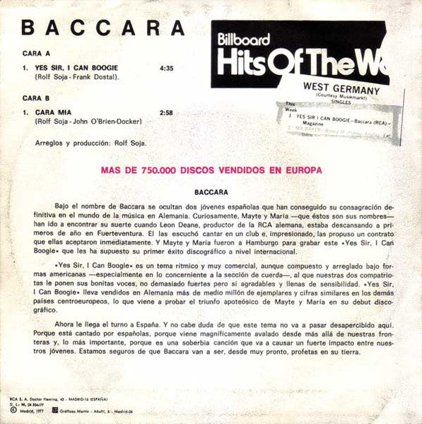 Baccara : Yes Sir, I Can Boogie (7", Single, RE)