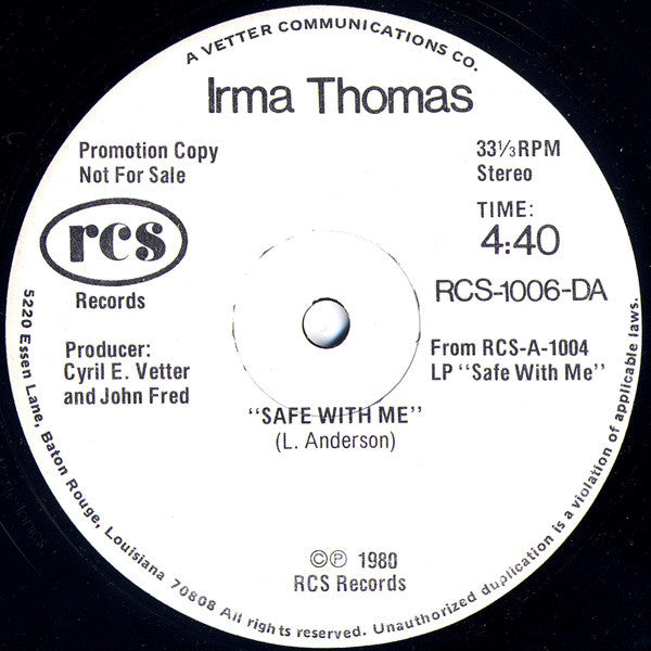 Irma Thomas : Safe With Me (12", Promo)