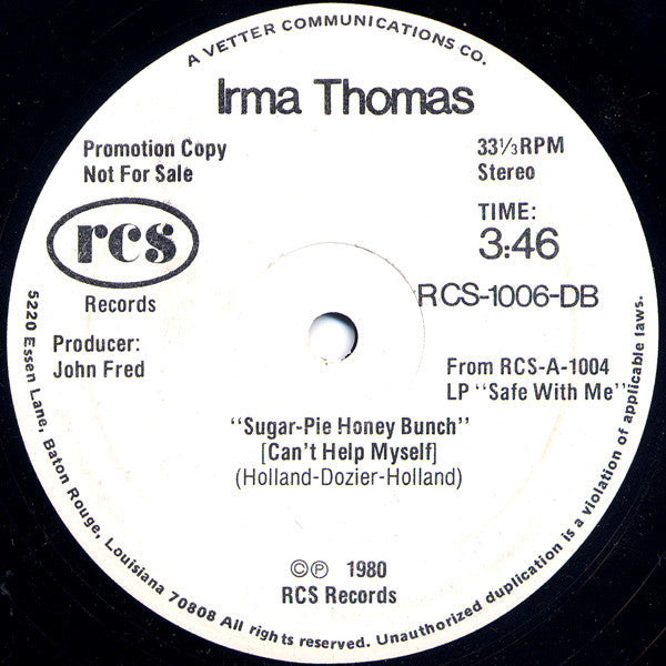Irma Thomas : Safe With Me (12", Promo)