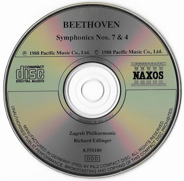 Ludwig van Beethoven, Zagrebačka Filharmonija, Richard Edlinger : Symphonies Nos. 7 & 4 (CD, Album)