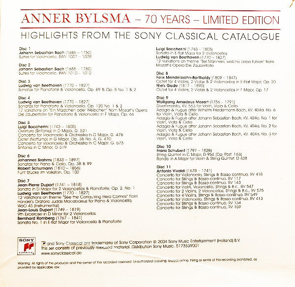 Anner Bylsma : 70 Years (Highlights From The Sony Classical Catalogue) (11xCD + Box, Comp, Dlx, Ltd)