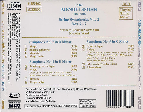 Felix Mendelssohn-Bartholdy - Northern Chamber Orchestra, Nicholas Ward : String Symphonies Vol. 2 Nos. 7 - 9 (CD, Album)