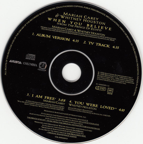 Mariah Carey & Whitney Houston : When You Believe (From The Prince Of Egypt) (CD, Maxi)